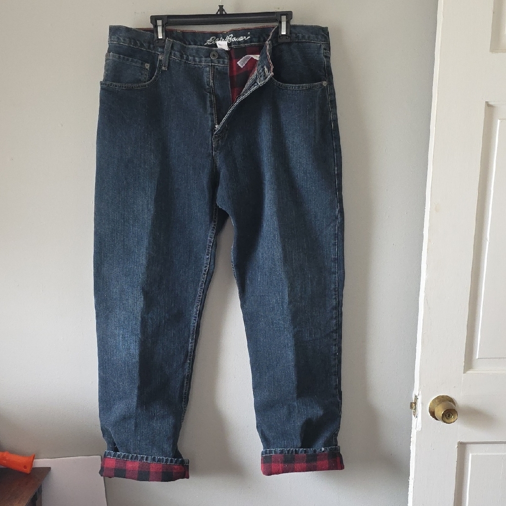 Eddie Bauer Dark Blue Flannel Lined Cotton Relaxed Fit Jeans Size 38x32